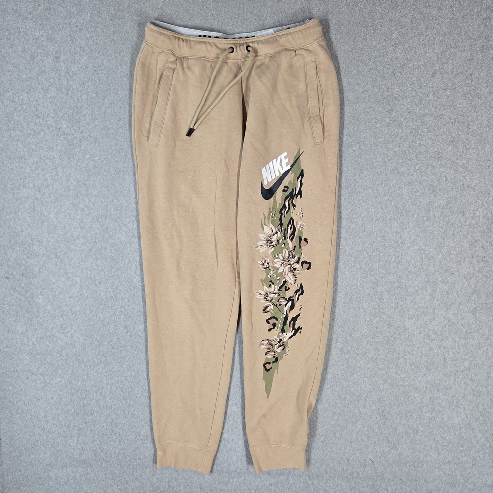 Nike Women Activewear Pants M Tan Sweatpants Graphic Fleece Floral Logo Pockets